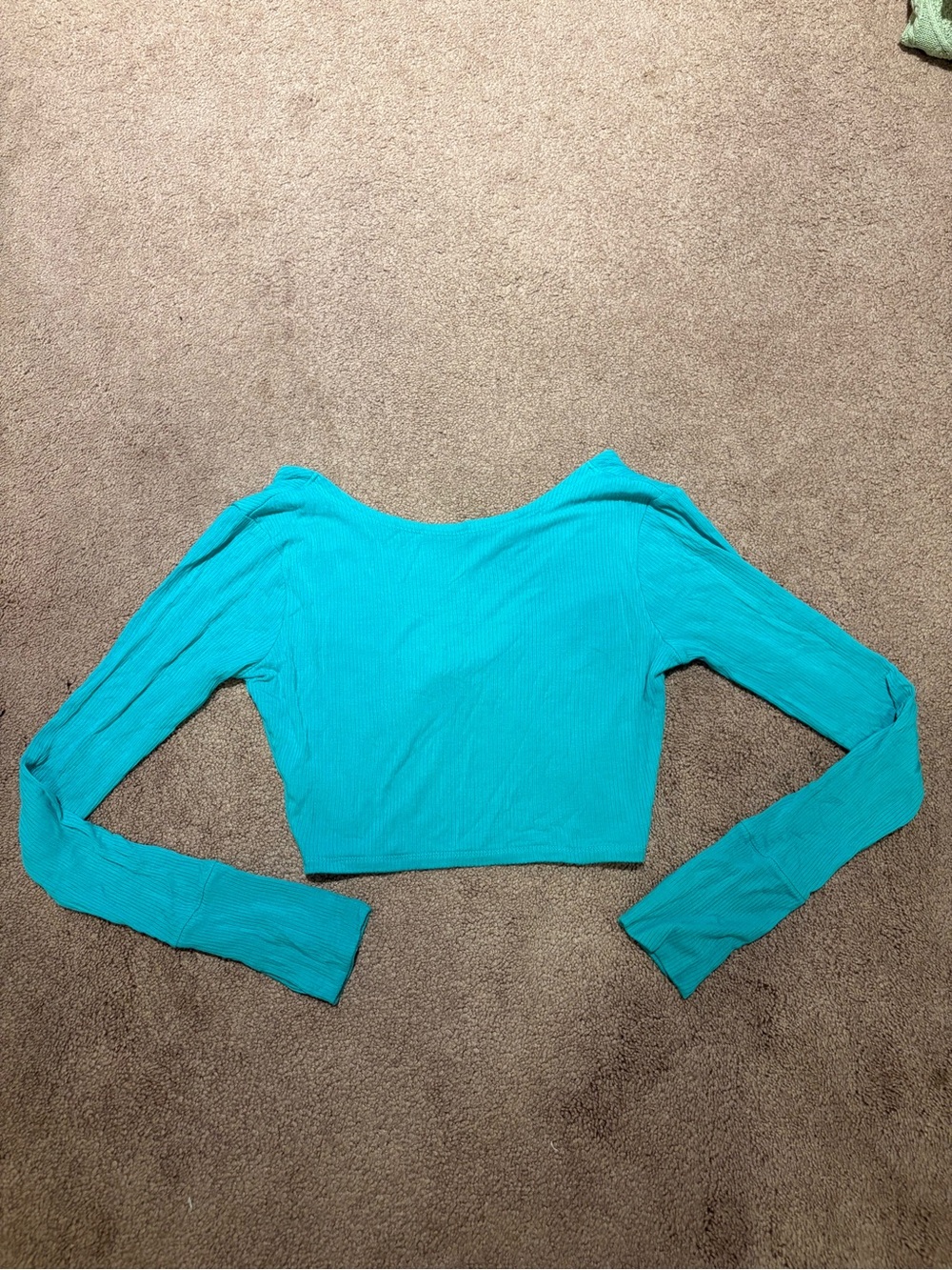 aerie Ribbed Long-Sleeve Crop Top Teal Blue size small